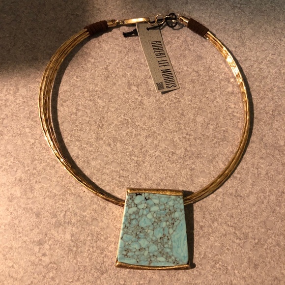Robert Lee Morris Gold Tone Wire Collar Necklace Geometric Turquoise Pendant NWT - Picture 10 of 12